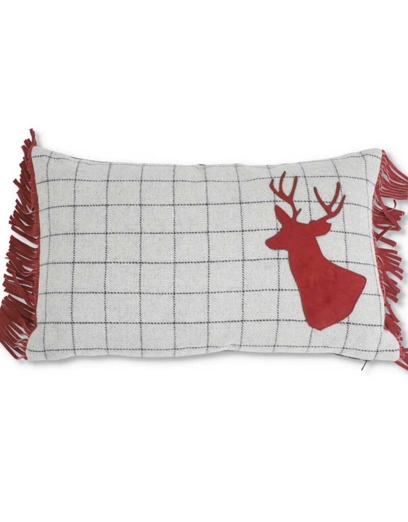 20 Inch Gray Wool Rectangle Grid Pillow With Red Hide Deer Head 11"H x 20"W