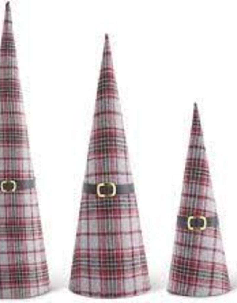 Red and Gray Plaid Fabric Cone Trees With Santa Belts L