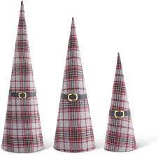 Red and Gray Plaid Fabric Cone Trees With Santa Belts L