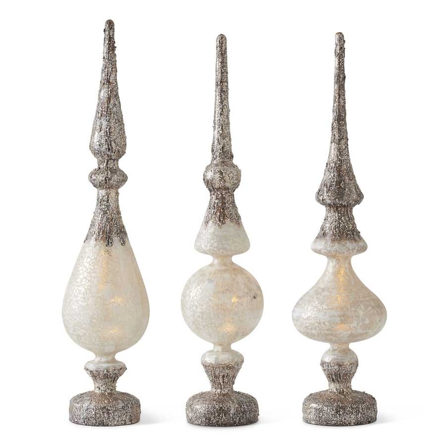 17.5 Inch Glass Battery Operated LED Birch Bark Tabletop Finials