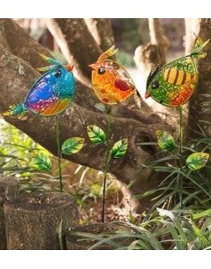 Colorful Metal and Glass Bird Garden Stakes