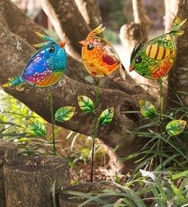 Colorful Metal and Glass Bird Garden Stakes