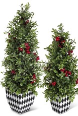 18.5" Glittered Berry and Boxwood Cone Tree in Harlequin Pot
