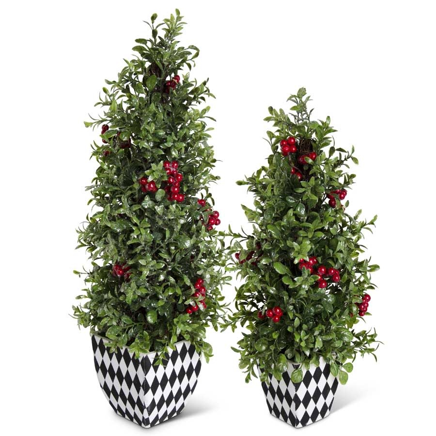 18.5" Glittered Berry and Boxwood Cone Tree in Harlequin Pot