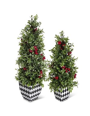 18.5" Glittered Berry and Boxwood Cone Tree in Harlequin Pot