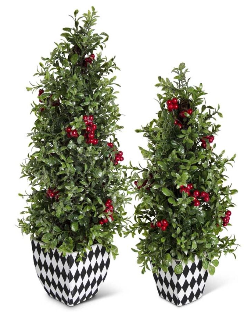 18.5" Glittered Berry and Boxwood Cone Tree in Harlequin Pot