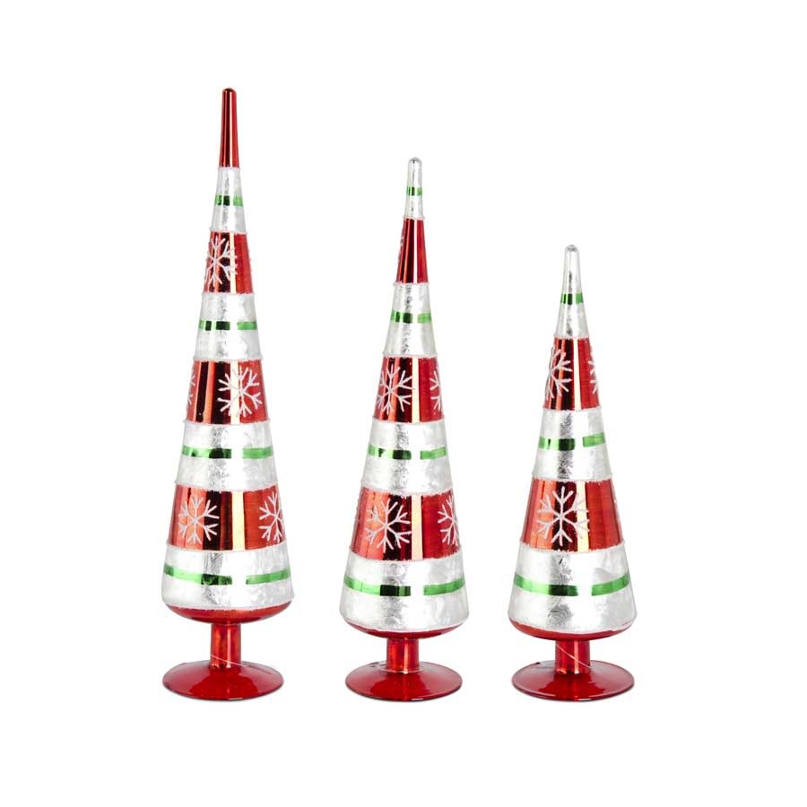 15 Inch Shiny Red Glass Snowflake Tabletop Cone Tree Finials