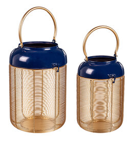 Metal Blue and Gold Lantern with Handle, Set of 2