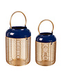 Metal Blue and Gold Lantern with Handle, Set of 2