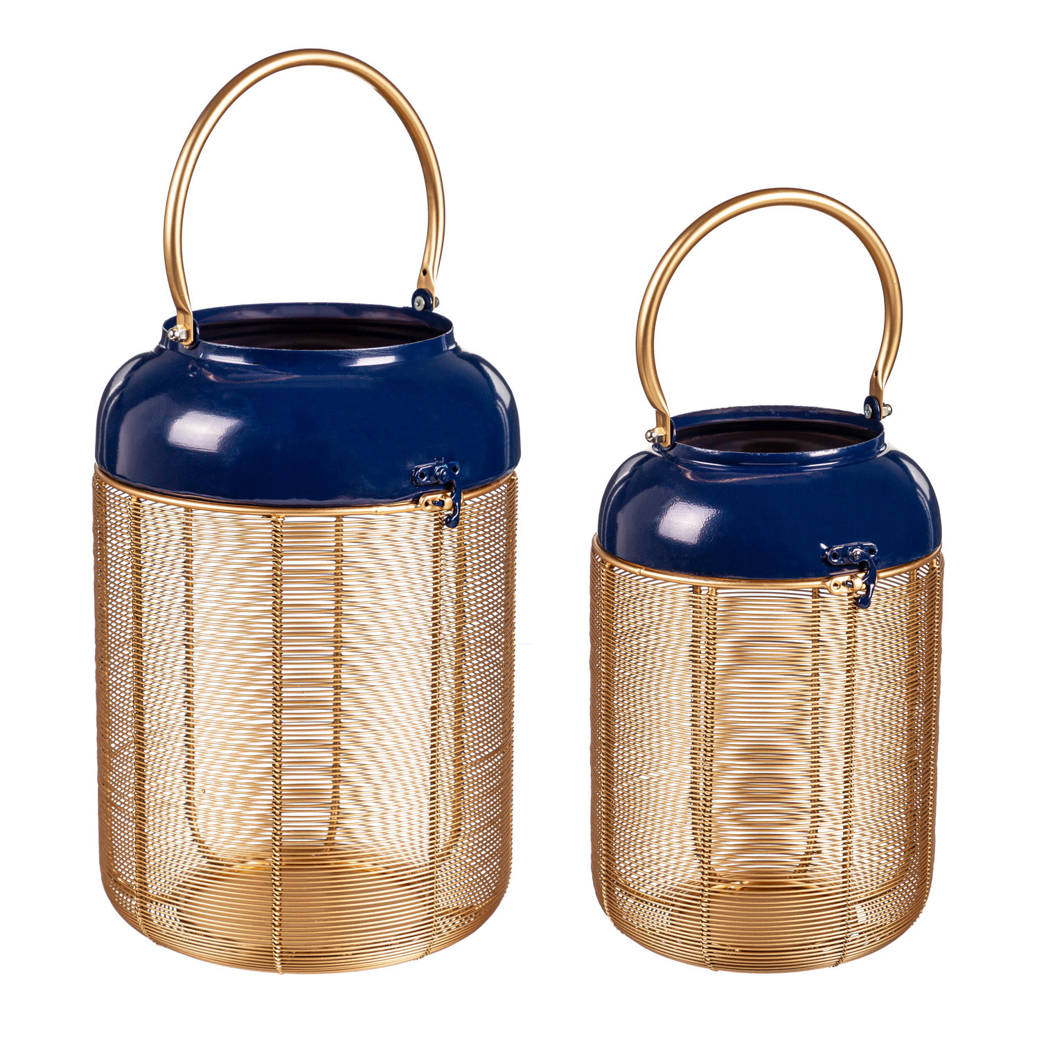 Metal Blue and Gold Lantern with Handle, Set of 2