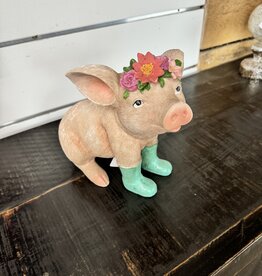 Sitting Pig With Green Rain Boots