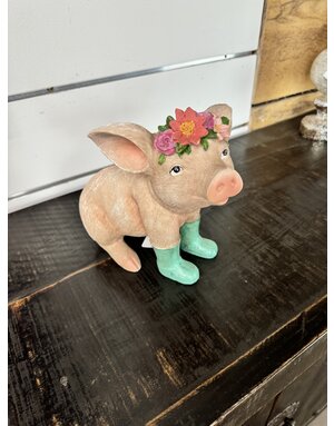 Sitting Pig With Green Rain Boots