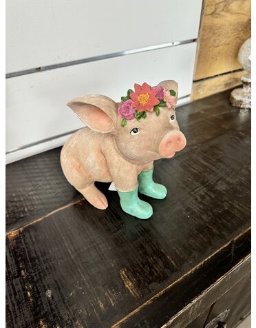 Sitting Pig With Green Rain Boots