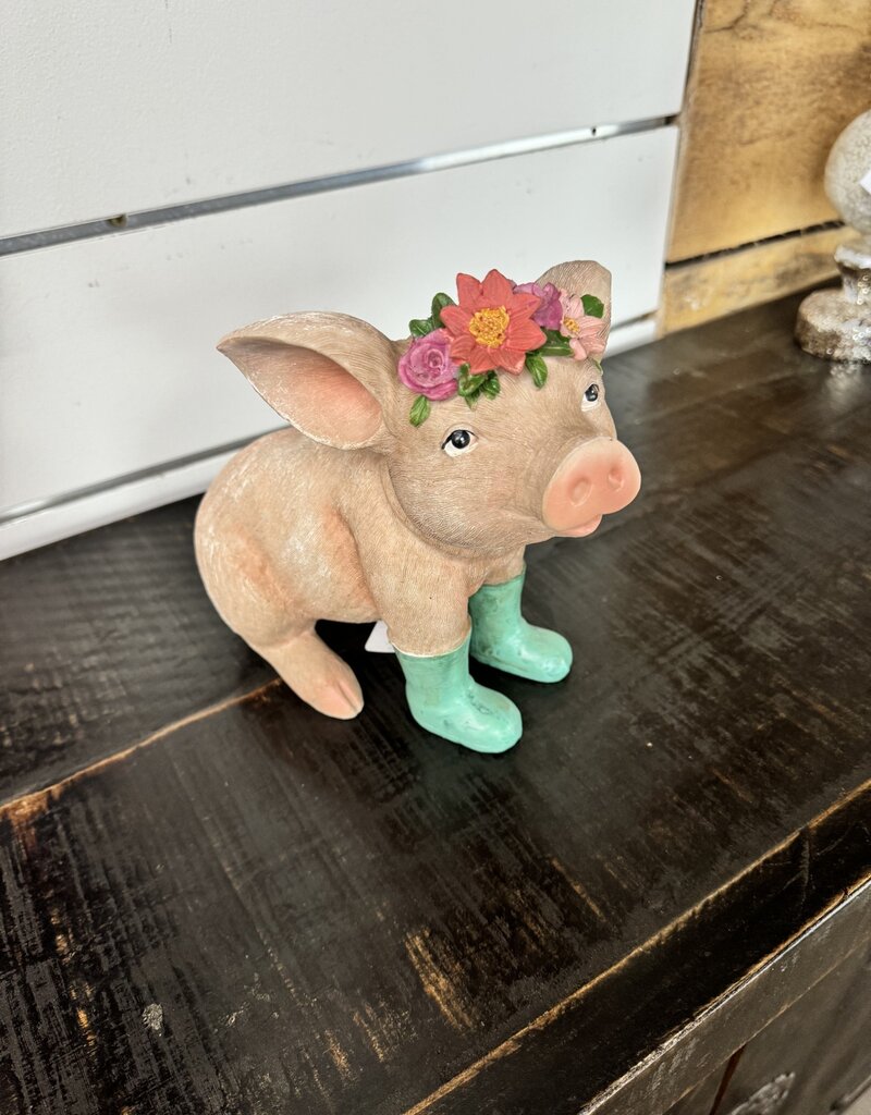 Sitting Pig With Green Rain Boots