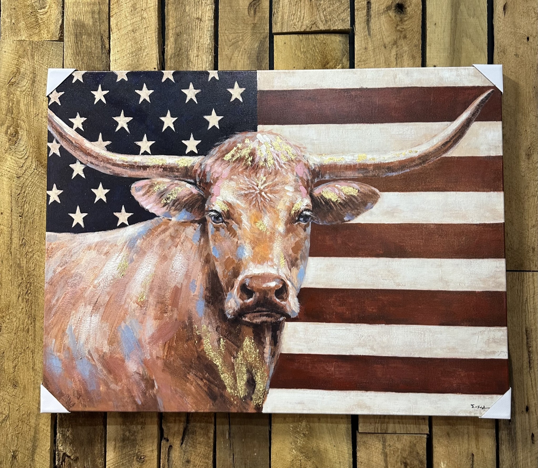 Longhorn with USA Flag Canvas