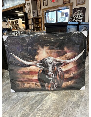 Longhorn w/US Flag Canvas