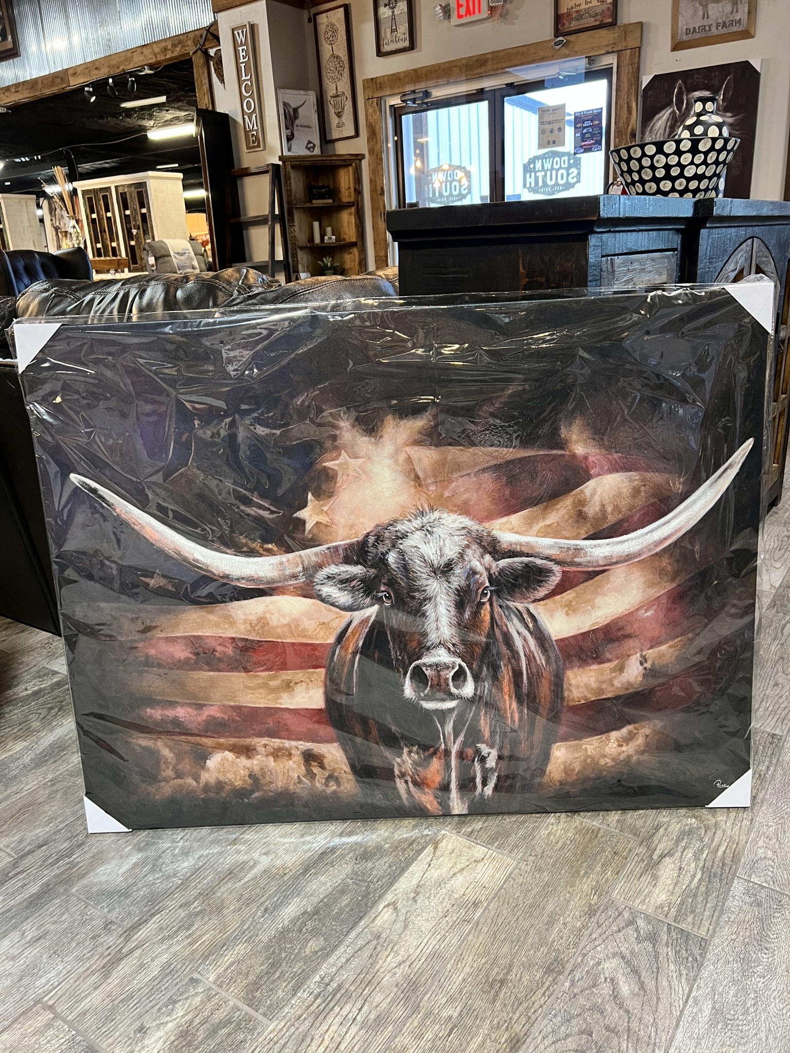Longhorn w/US Flag Canvas