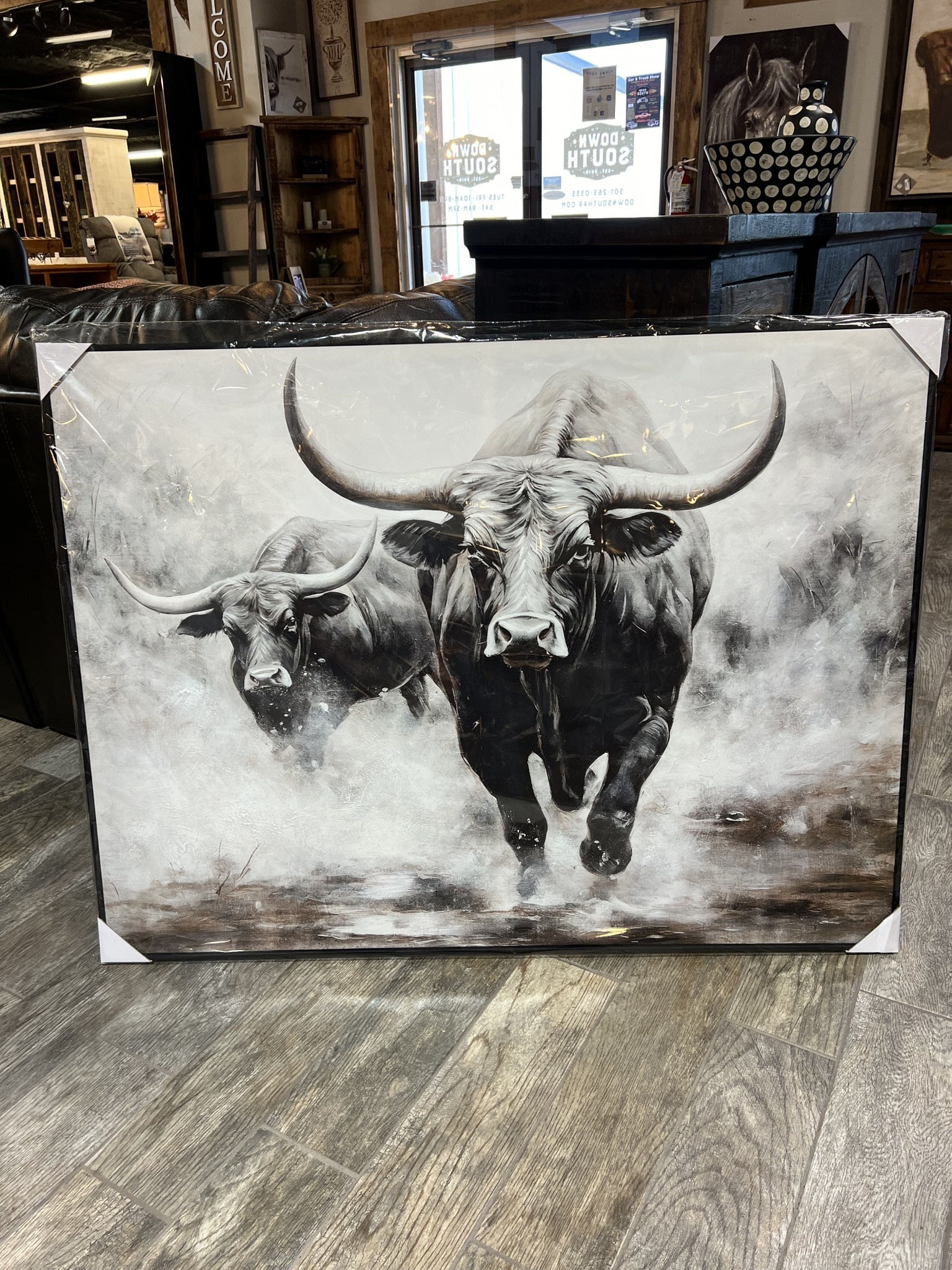 Longhorn Black & White Canvas w/Black Frame