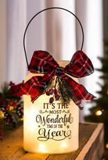 LED Jar with Plaid Ribbon, Pine & Berries - White