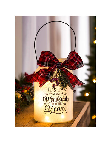 LED Jar with Plaid Ribbon, Pine & Berries - White