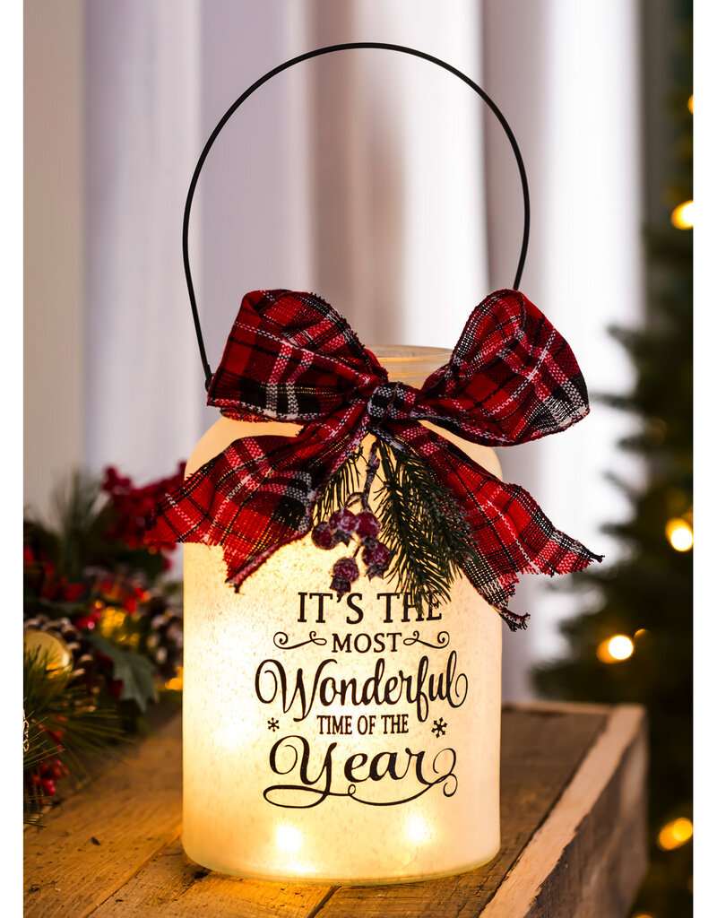 LED Jar with Plaid Ribbon, Pine & Berries - White