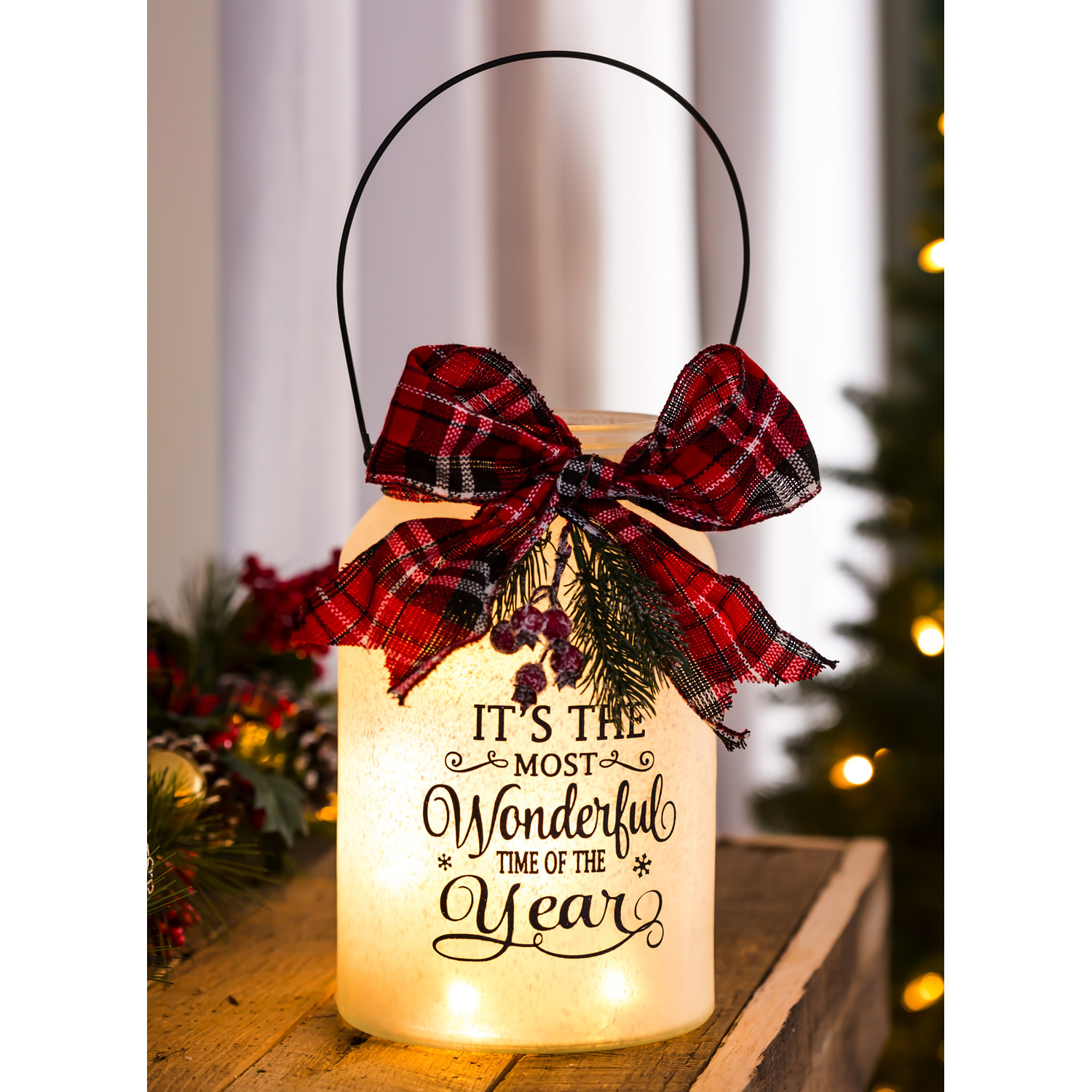 LED Jar with Plaid Ribbon, Pine & Berries - White