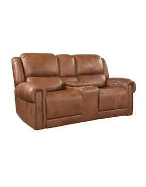 Cordoba Power Head Reclining Leather Loveseat w/Console - Cognac