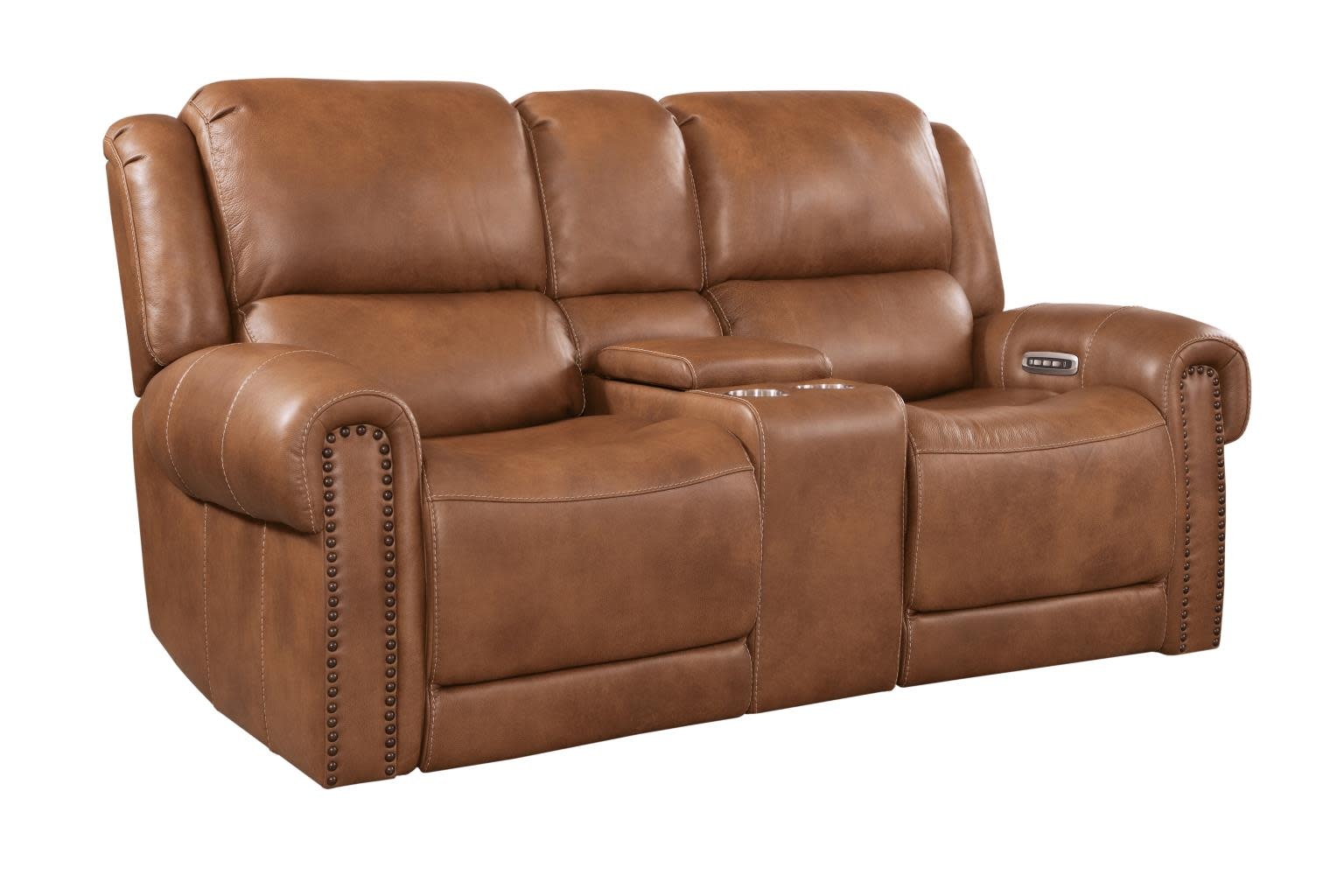 Cordoba Power Head Reclining Leather Loveseat w/Console - Cognac