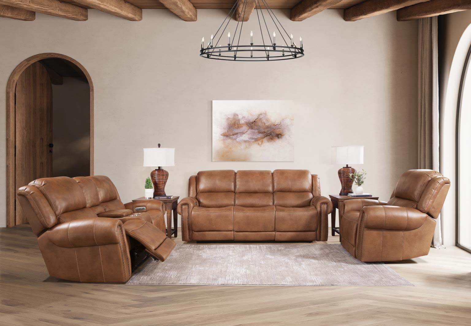 Cordoba Power Head Reclining Leather Loveseat w/Console - Cognac