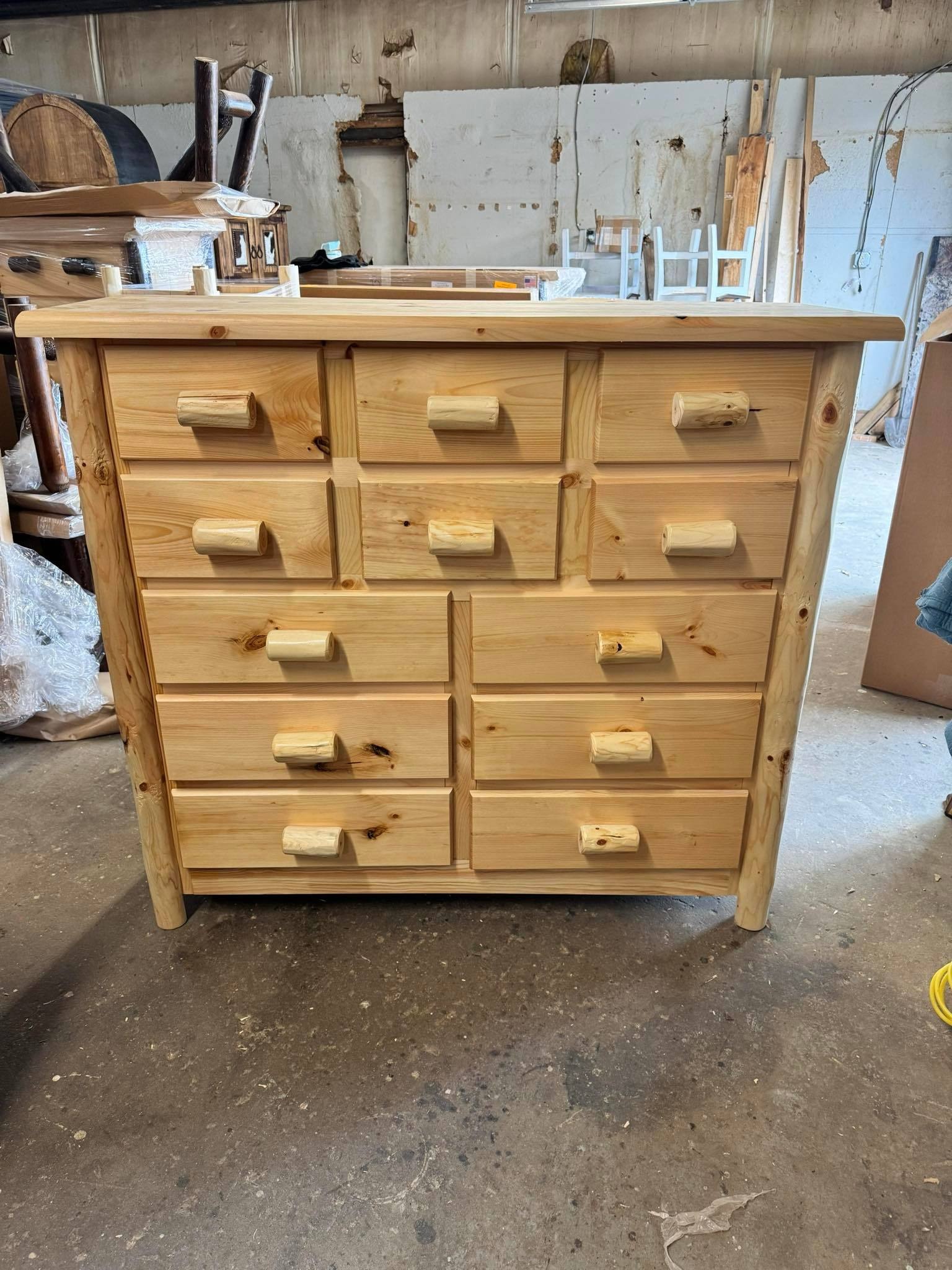 Rustic Log 12 Drawer Mirrored Dresser - Natural
