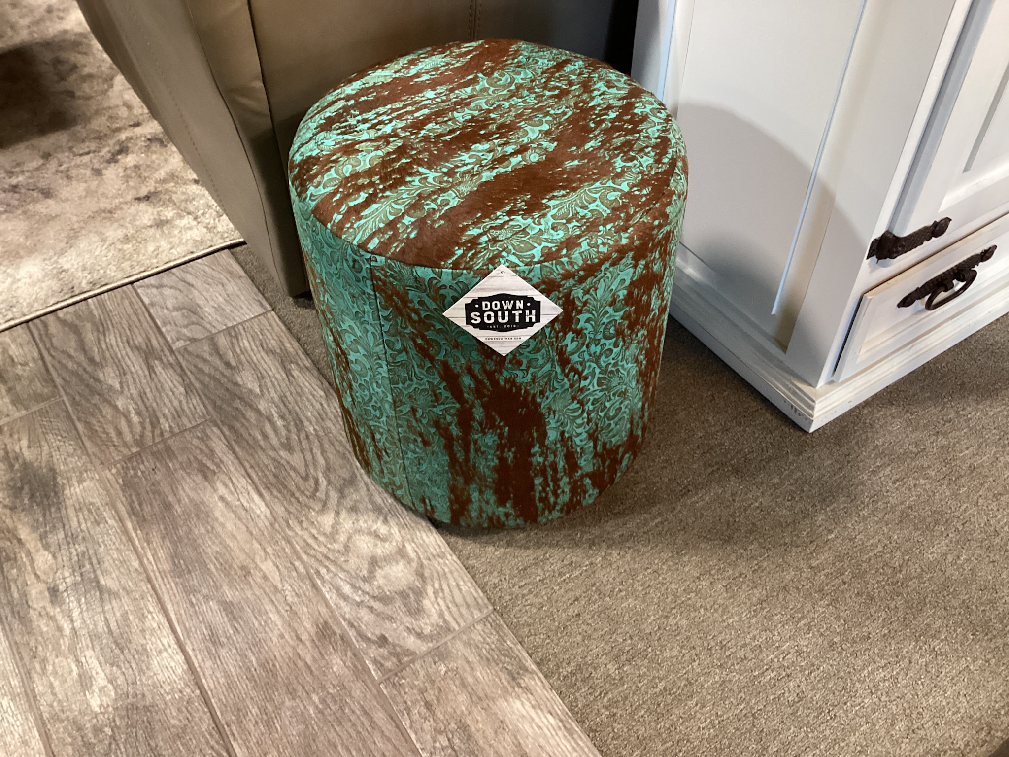 Distressed Turquoise Round Ottoman