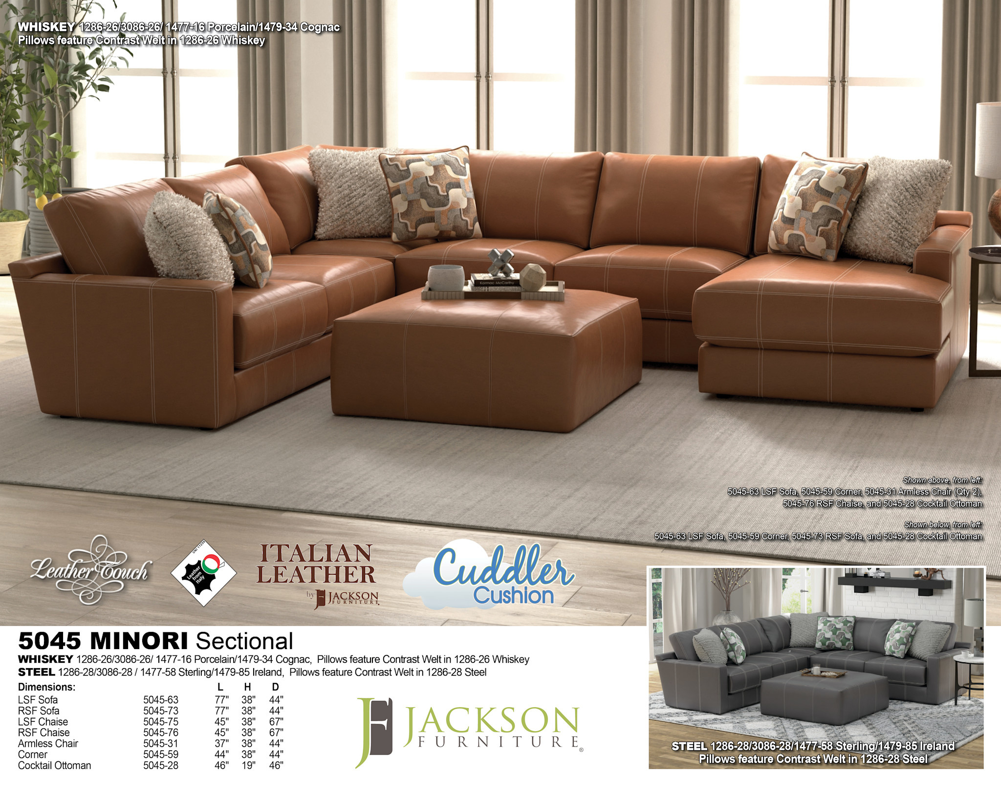 Minori Leather Sectional - Whiskey