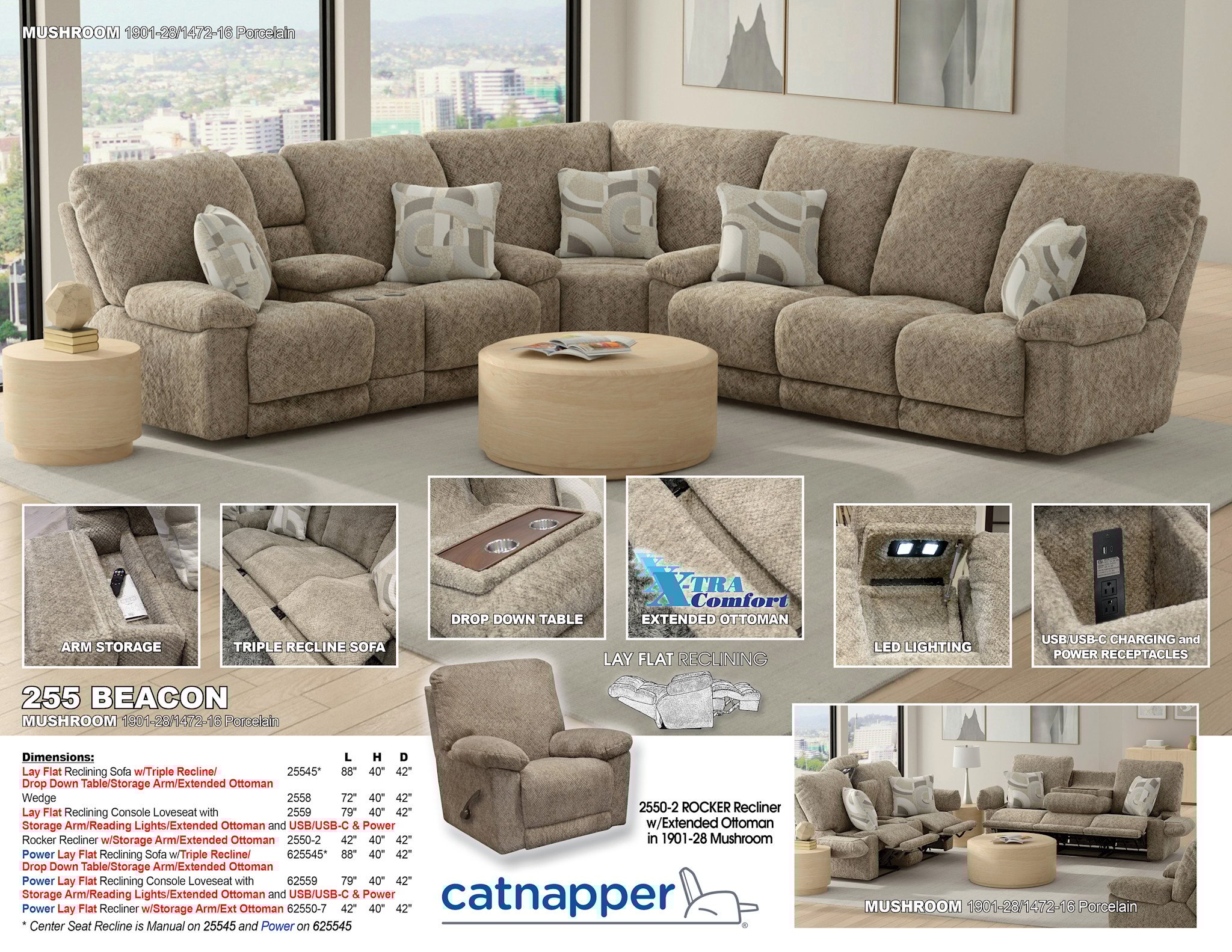 Beacon Power Triple Reclining Sofa - Mushroom