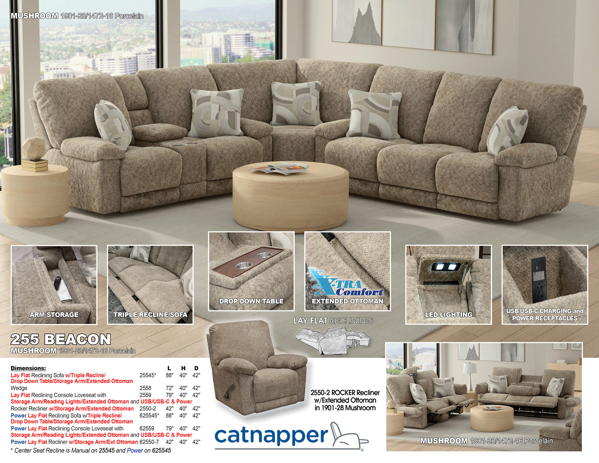 Beacon Power Reclining Loveseat w/console - Mushroom