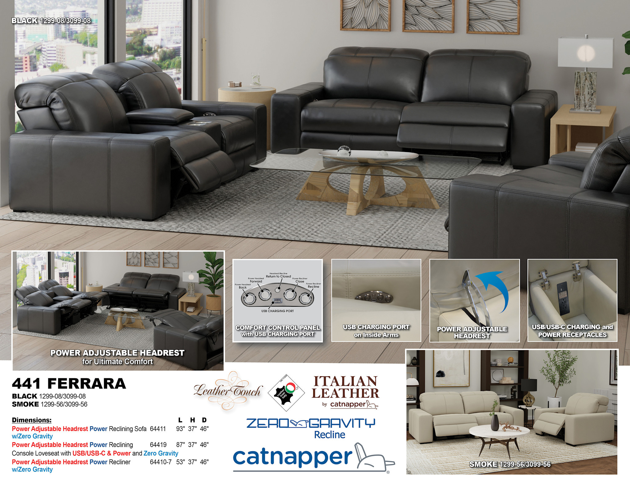 Ferrara Leather Power Reclining Zero Gravity Adj Head Sofa - Black