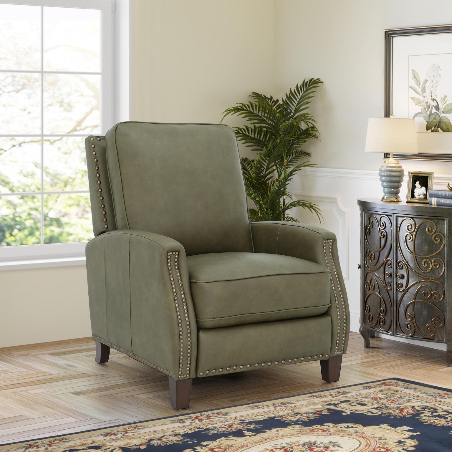 Melrose Leather Pushback Recliner - Oasis Olive