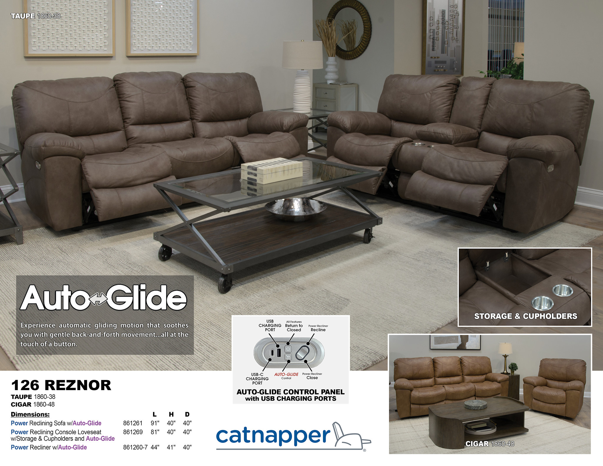 Reznor Power Reclining Sofa w/Auto Glide - Cigar