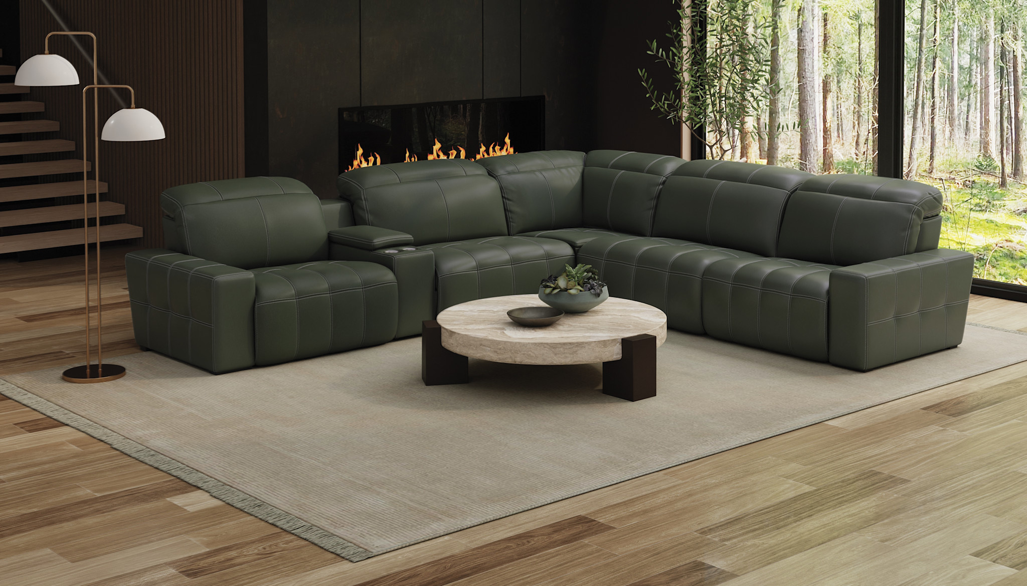 Spoleto Leather Power Reclining Sectional w/ Adj Headrest - Pine
