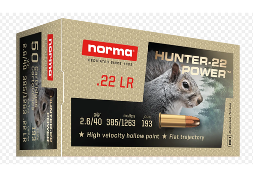 TSA189-NORMA .22LR 40GR HV HP HUNTER-22 1263FPS 50RNDS 