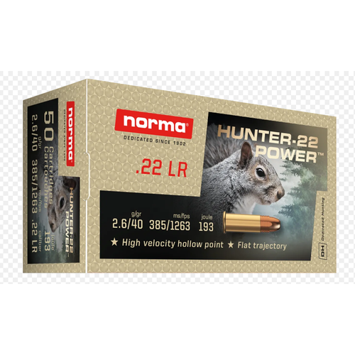 TSA189-NORMA .22LR 40GR HV HP HUNTER-22 1263FPS 50RNDS 