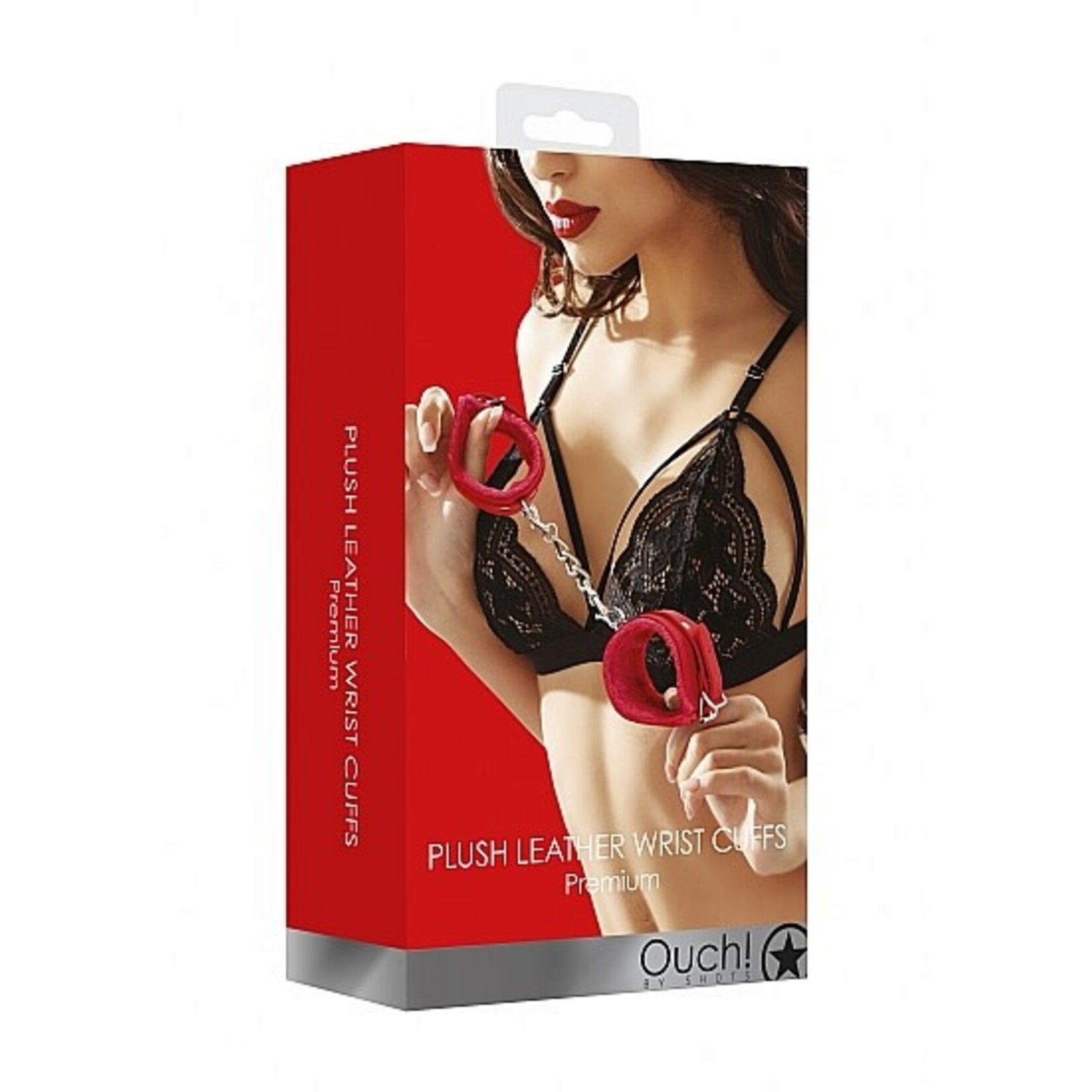 Shots Ouch! Ouch! Plush Leather Hand Cuffs - Red