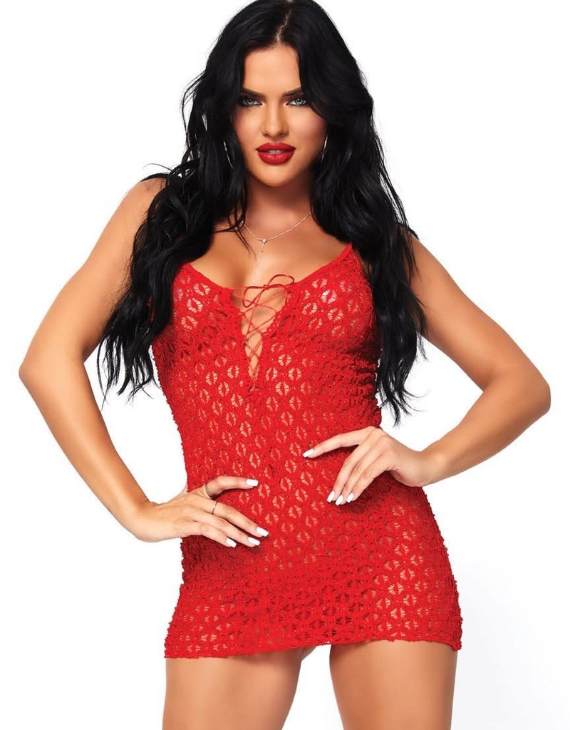 Leg Avenue Mini Dress W/Lace Up Front & G-String O/S RED