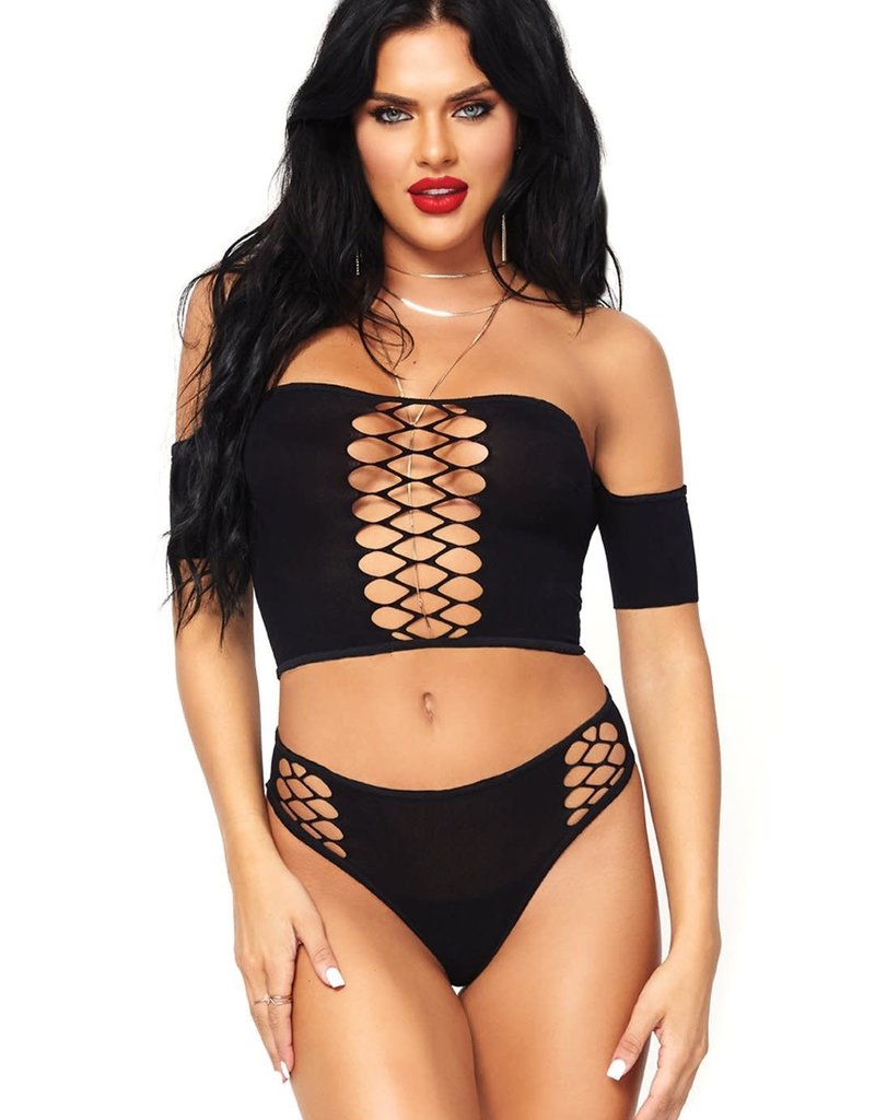 Leg Avenue 2 Pc Opaque Crop Top With Net Detail and Matching Thong Back Bottoms - One Size - Black