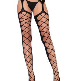 Leg Avenue Diamond Net Opaque Stockings With Attached Garter - Black - One Size