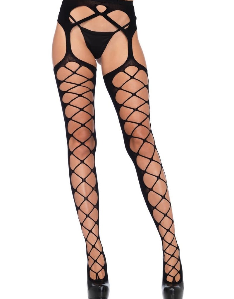 Leg Avenue Diamond Net Opaque Stockings With Attached Garter - Black - One Size