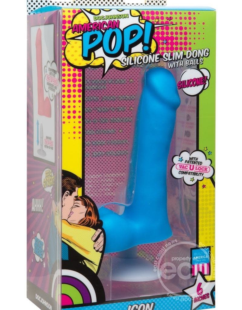 Doc Johnson American Pop Rebel Silicone Slim Dong With Balls With Vac-U-Lock Plug Blue 6 Inches
