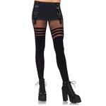 Leg Avenue Seamless opaque faux thigh high pantyhose w striped fishnet thigh O/S BLACK