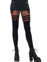 Leg Avenue Seamless opaque faux thigh high pantyhose w striped fishnet thigh O/S BLACK