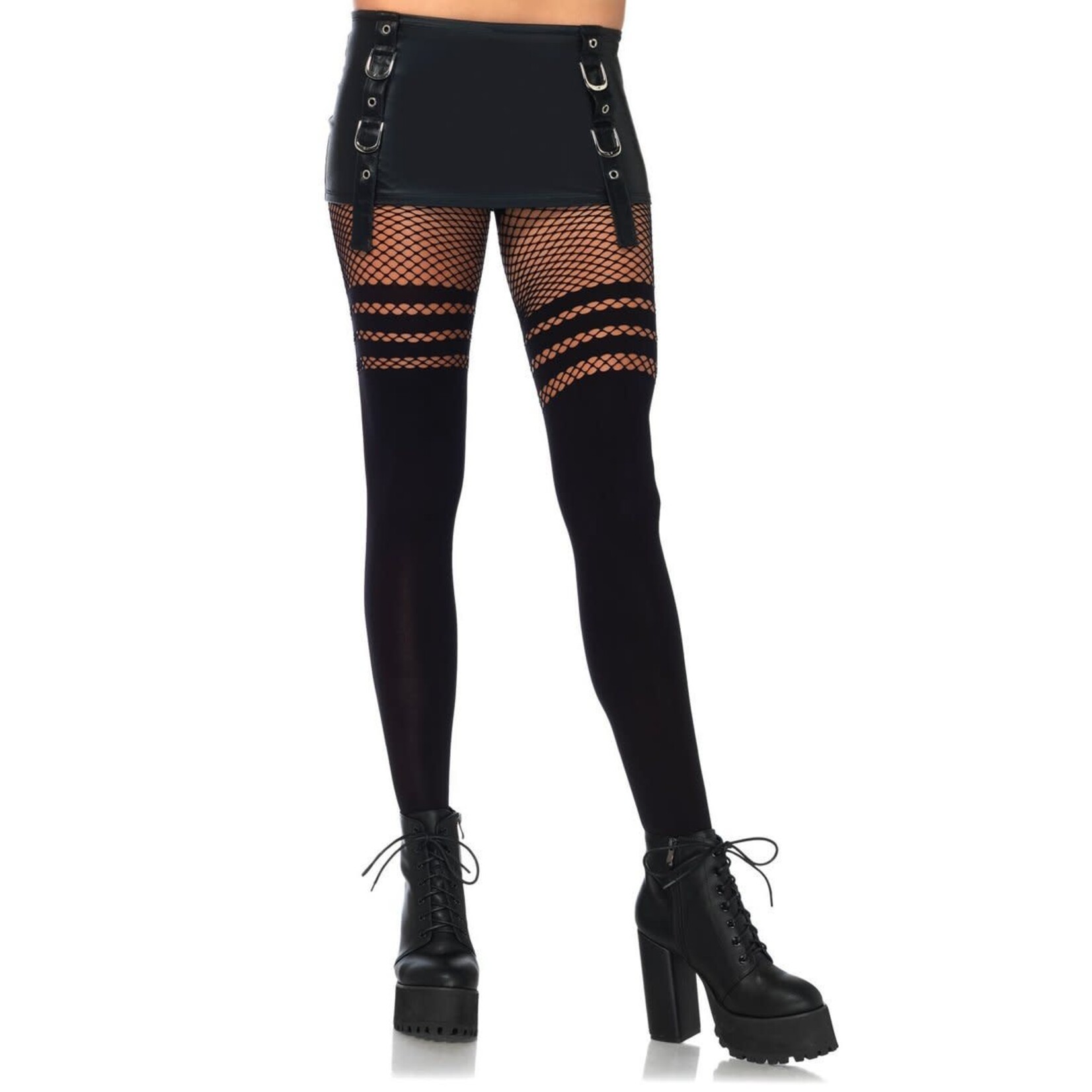 Leg Avenue Seamless opaque faux thigh high pantyhose w striped fishnet thigh O/S BLACK