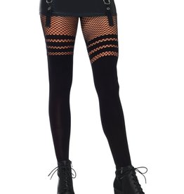 Leg Avenue Seamless opaque faux thigh high pantyhose w striped fishnet thigh O/S BLACK